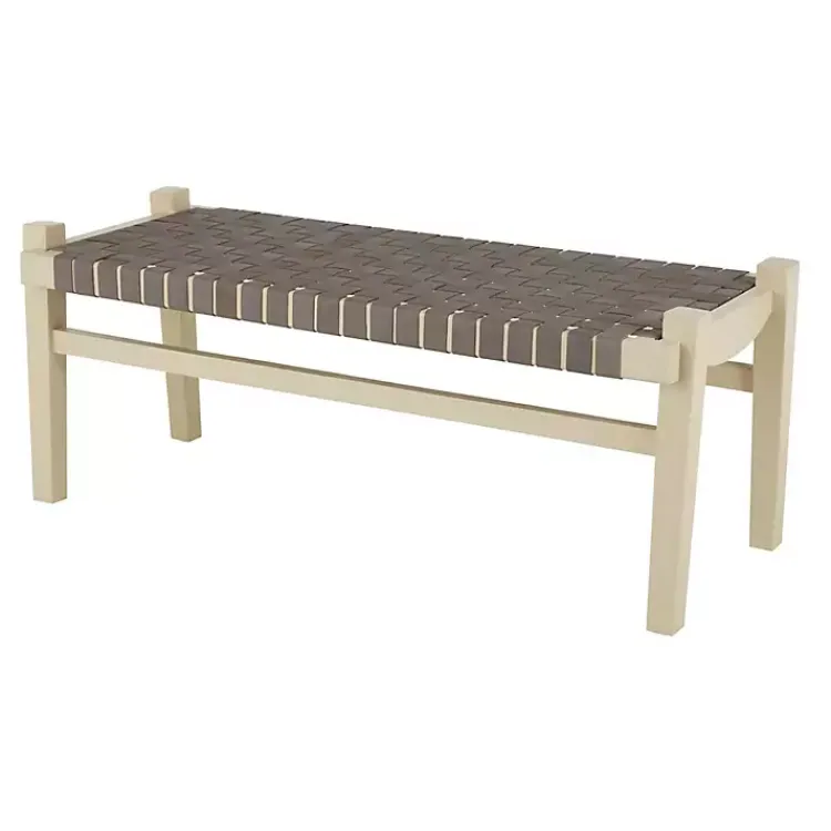 Benches & Ottomans-Kirklands Home Woven Leather Natural Wood Bench Brown