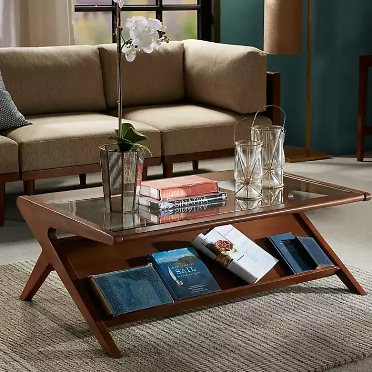 Coffee Tables-Kirklands Home Glass and Walnut Wood Angled Coffee Table Brown