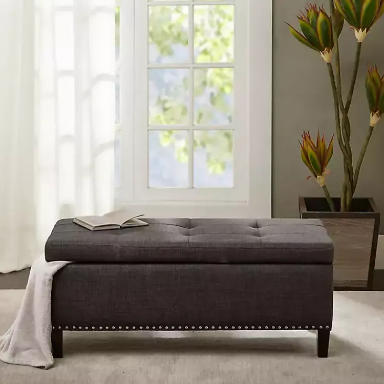 Benches & Ottomans-Kirklands Home Linen Button Tufted Storage Bench Black