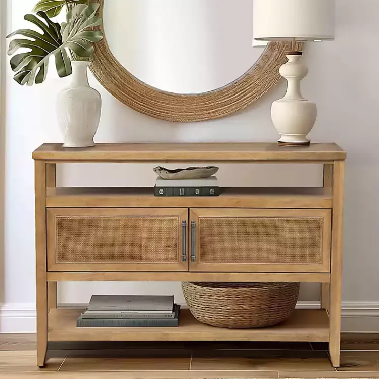 Console Tables-Kirklands Home Natural Cane Martha Sterwart Console Table Tan