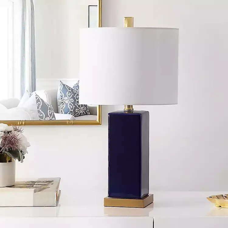 Table Lamps-Kirklands Home Dark Blue Ceramic Square Wendi Table Lamp White