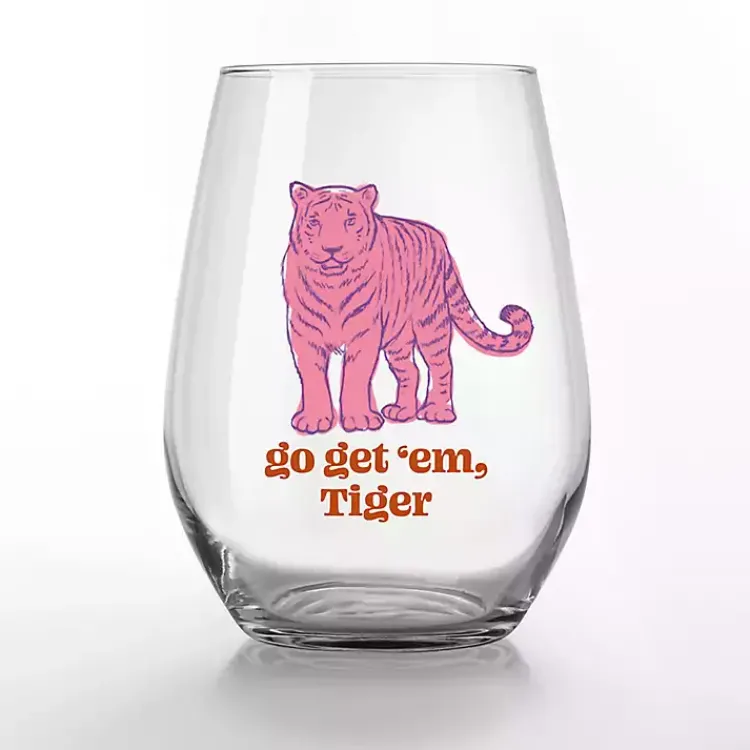 Glassware & Drinkware-Kirklands Home Go Get 'Em, Tiger Stemless Wine Glasses, Set of 2 Pink