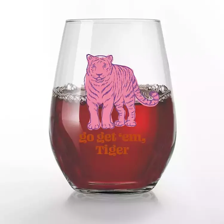 Glassware & Drinkware-Kirklands Home Go Get 'Em, Tiger Stemless Wine Glasses, Set of 2 Pink