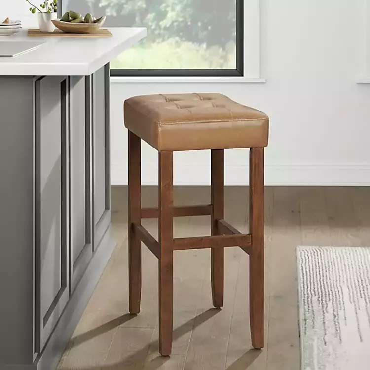 Bar Stools & Counter Height Stools-Kirklands Home Faux Leather Madison Walnut Bar Stool Tan