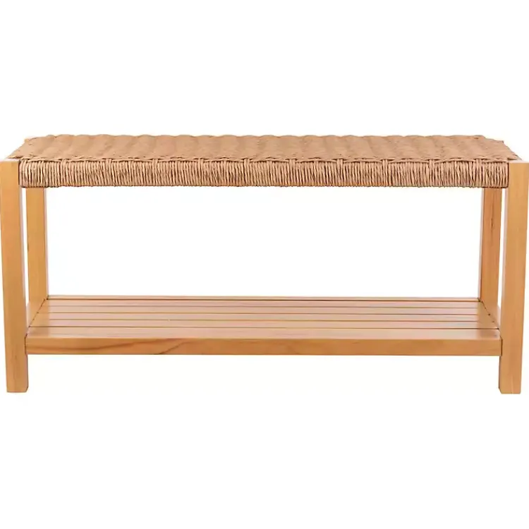 Entryway Furniture-Kirklands Home Newport Natural Wood and Rattan Bench with Shelf Brown