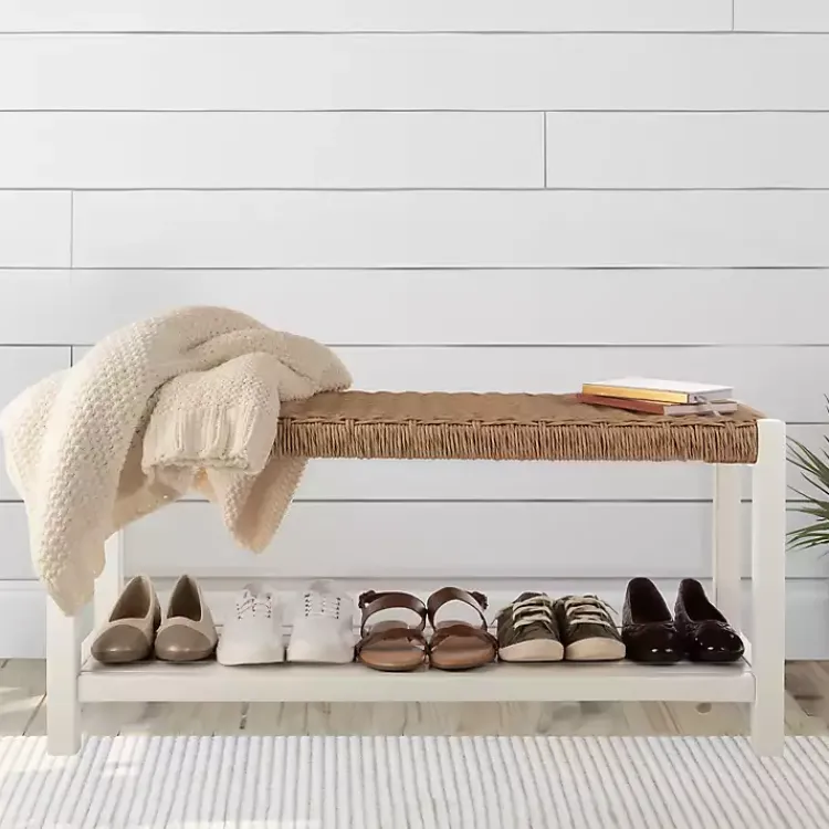 Benches & Ottomans-Kirklands Home White Newport Wood and Rattan Bench with Shelf Brown