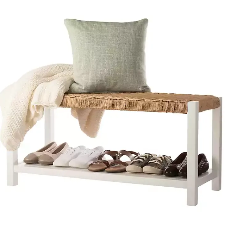 Benches & Ottomans-Kirklands Home White Newport Wood and Rattan Bench with Shelf Brown