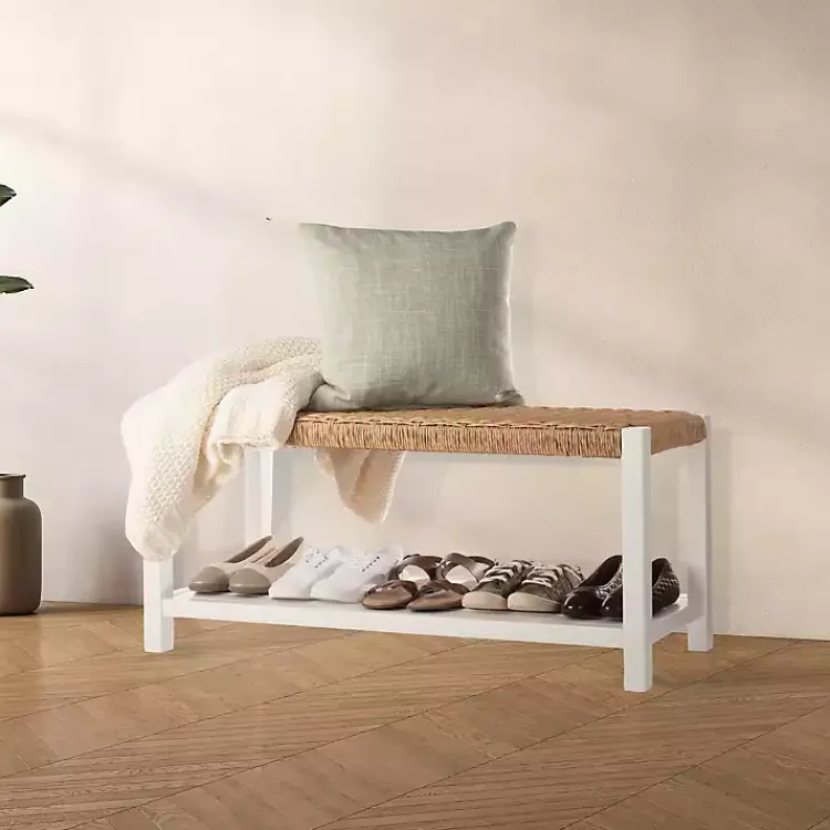 Benches & Ottomans-Kirklands Home White Newport Wood and Rattan Bench with Shelf Brown