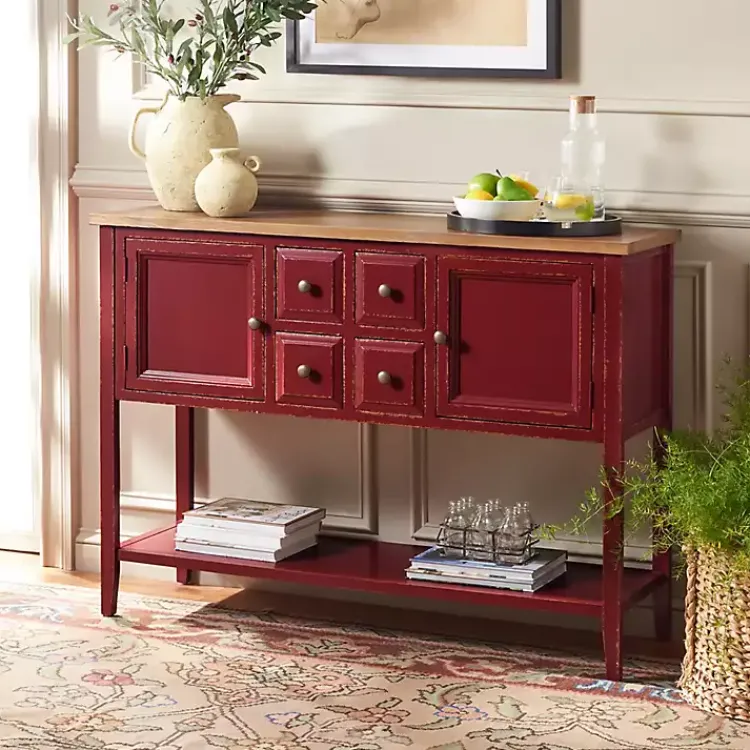 Cabinets & Sideboards-Kirklands Home & Oak 4-Drawer Charlotte Sideboard Red
