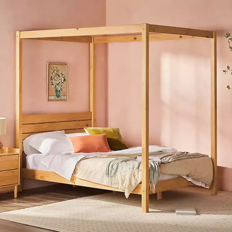 Beds & Headboards-Kirklands Home Natural Pine Canopy Full Bed Tan
