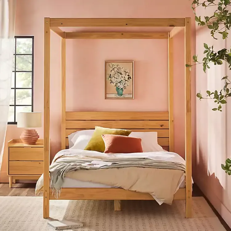 Beds & Headboards-Kirklands Home Natural Pine Canopy Full Bed Tan