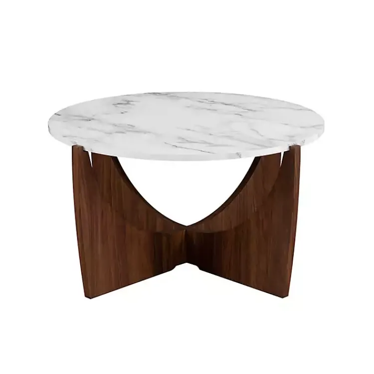 Coffee Tables-Kirklands Home Marble & Walnut Open Base Round Coffee Table Brown