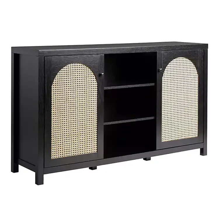 Cabinets & Sideboards-Kirklands Home Wood and Rattan 2-Door Sideboard Black