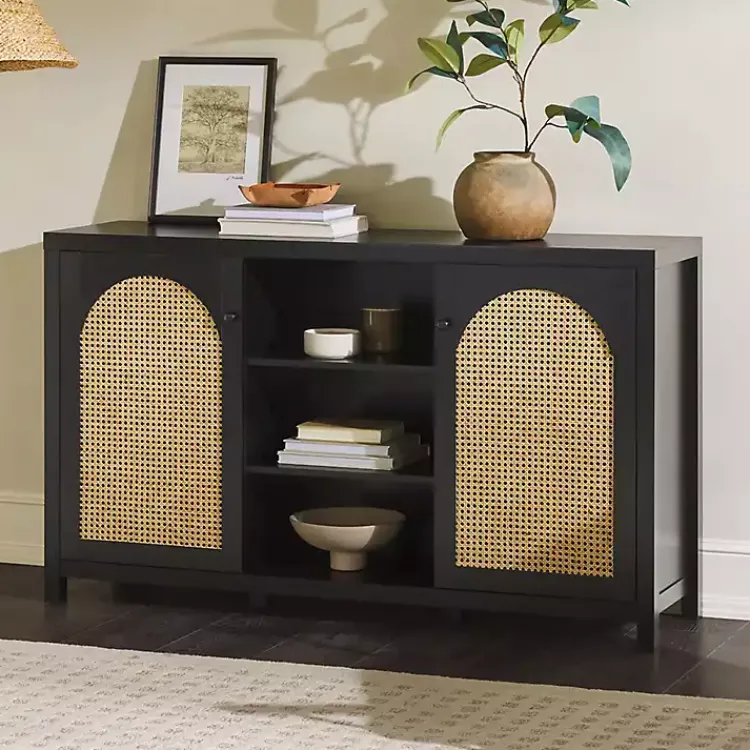 Cabinets & Sideboards-Kirklands Home Wood and Rattan 2-Door Sideboard Black
