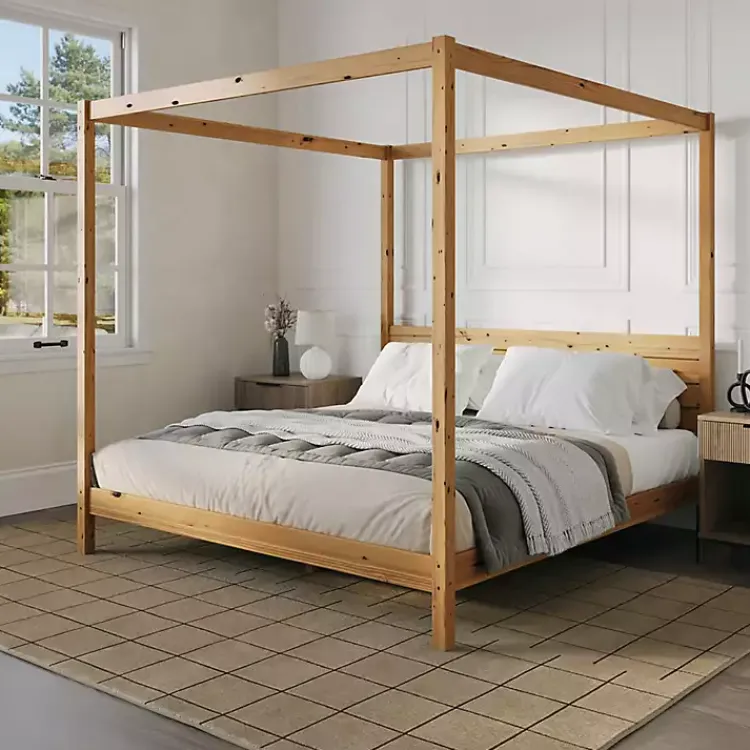 Beds & Headboards-Kirklands Home Natural Pine Canopy King Bed Tan