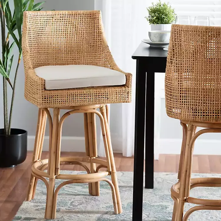 Bar Stools & Counter Height Stools-Kirklands Home Natural Rattan Bella Swivel Bar Stool White