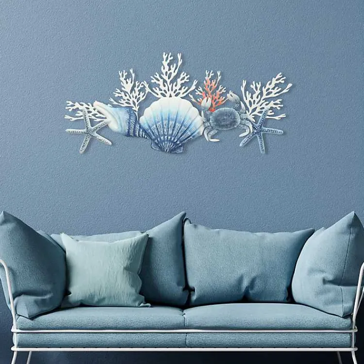 Wall Plaques-Kirklands Home Blue Metal Coral and Shell Wall Plaque