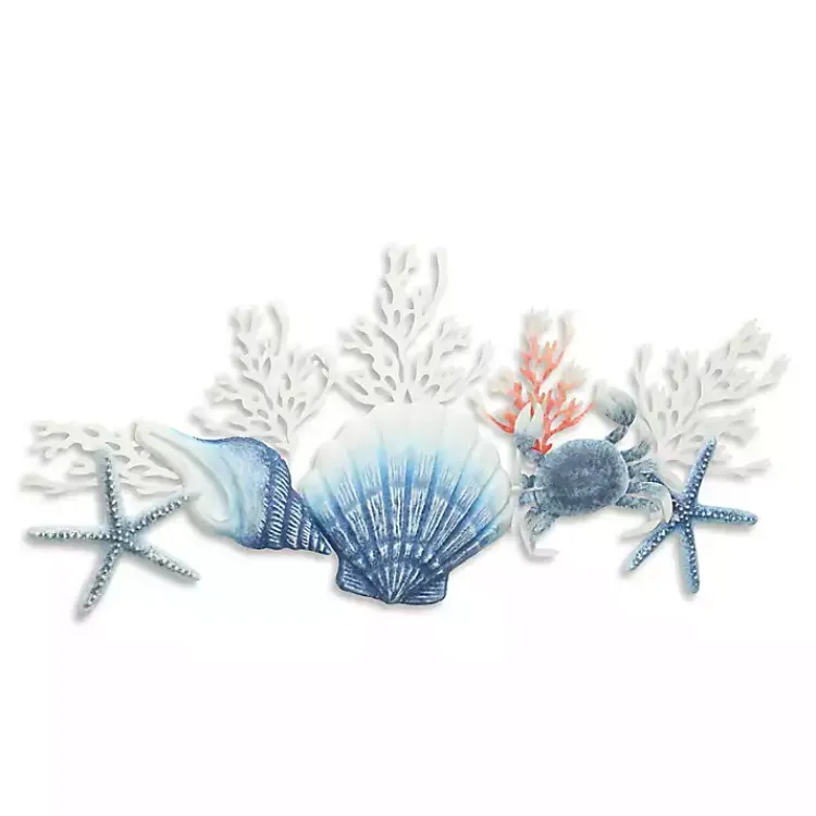 Wall Plaques-Kirklands Home Blue Metal Coral and Shell Wall Plaque