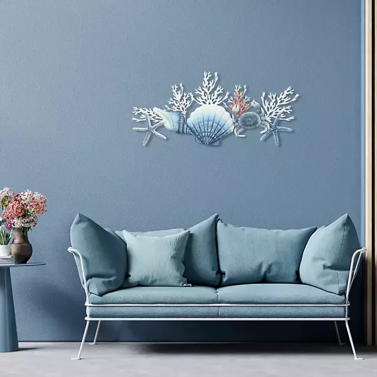 Wall Plaques-Kirklands Home Blue Metal Coral and Shell Wall Plaque