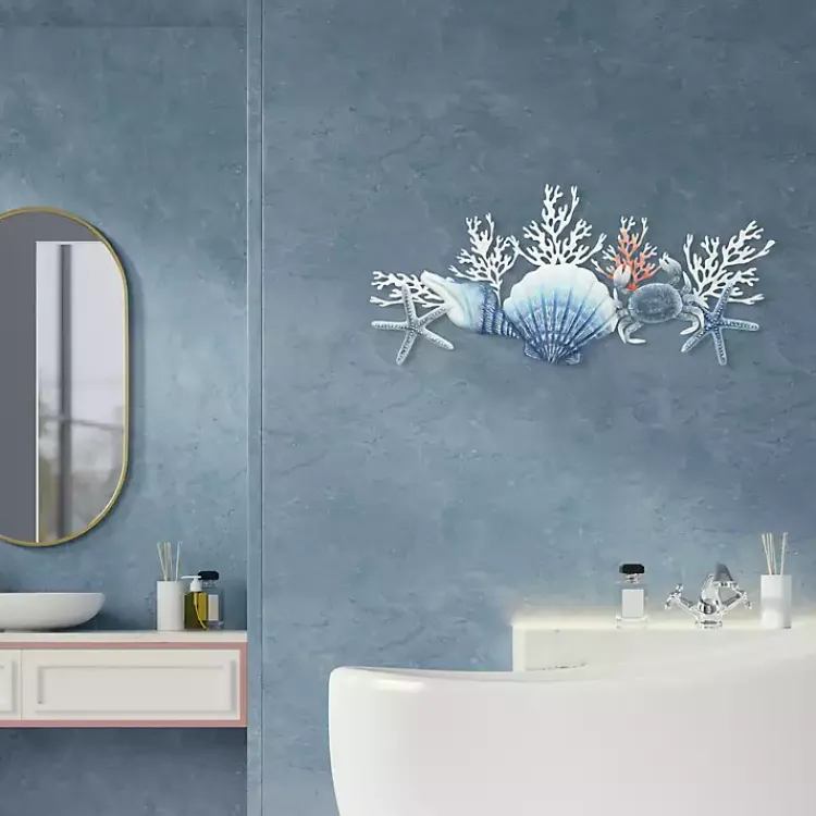 Wall Plaques-Kirklands Home Blue Metal Coral and Shell Wall Plaque