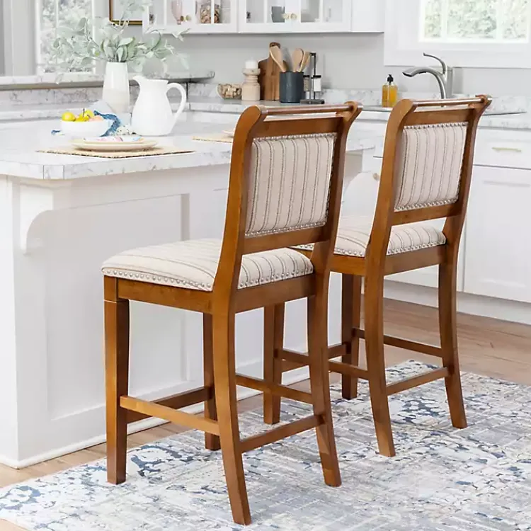 Bar Stools & Counter Height Stools-Kirklands Home Neutral Stripes Upholstered Emmy Counter Stool Tan