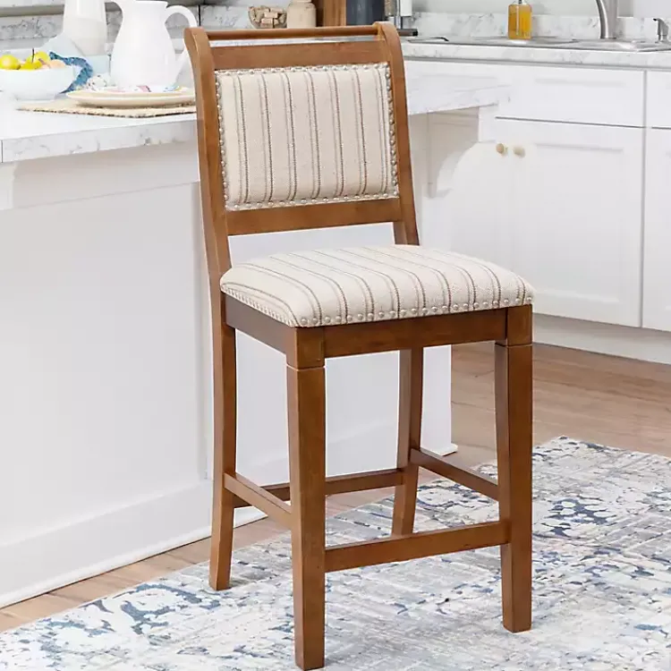 Bar Stools & Counter Height Stools-Kirklands Home Neutral Stripes Upholstered Emmy Counter Stool Tan