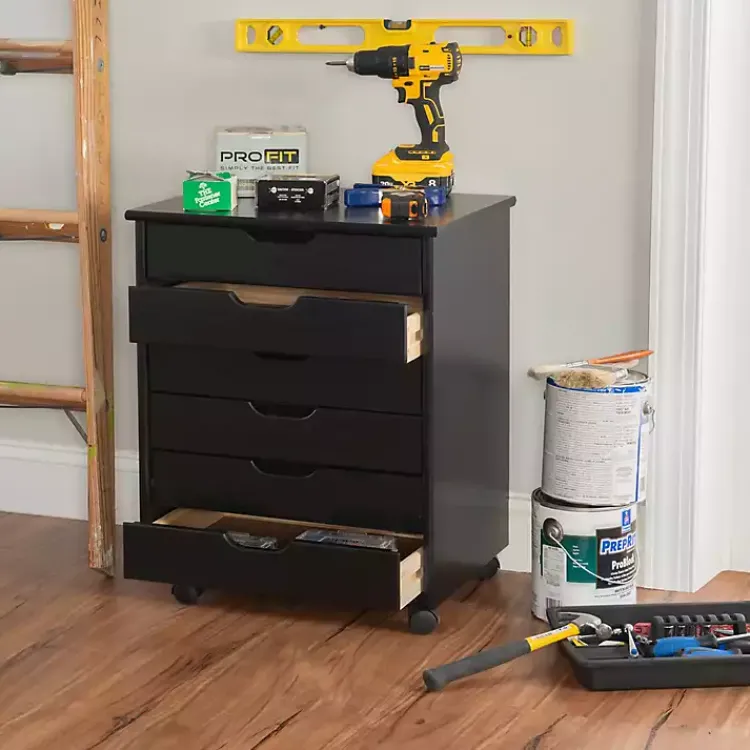 Office Furniture-Kirklands Home Wood Wide 6-Drawer Cary Storage Cart Black