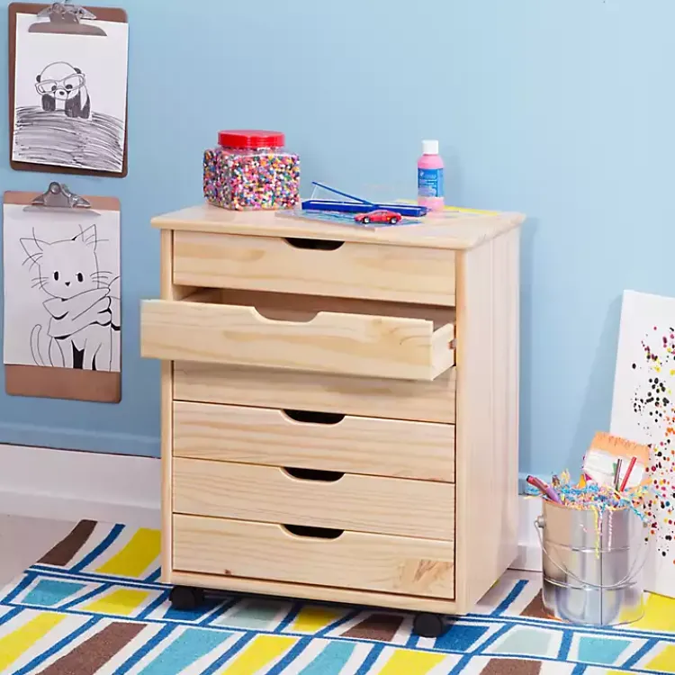 Office Furniture-Kirklands Home Natural Wood Wide 6-Drawer Cary Storage Cart Tan