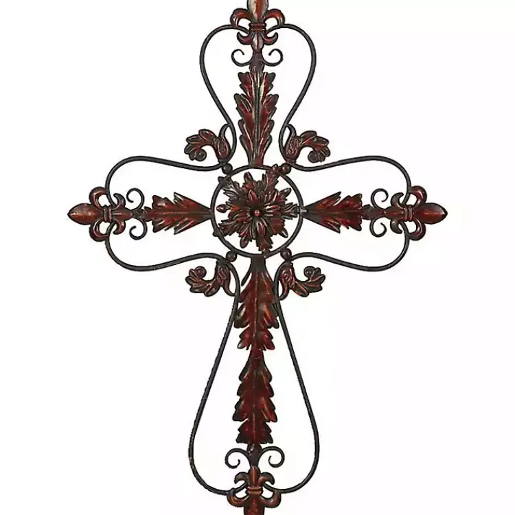 Wall Plaques-Kirklands Home Fleur De Lis Metal Cross Wall Plaque Brown