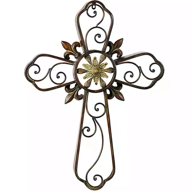 Wall Plaques-Kirklands Home Fleur De Lis Traditional Metal Cross Wall Plaque Brown