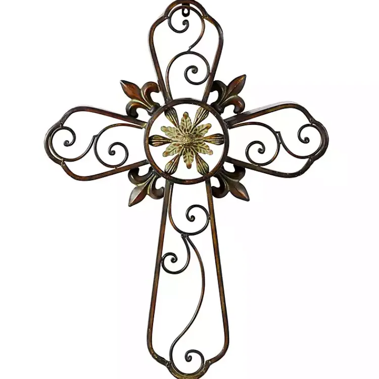 Wall Plaques-Kirklands Home Fleur De Lis Traditional Metal Cross Wall Plaque Brown