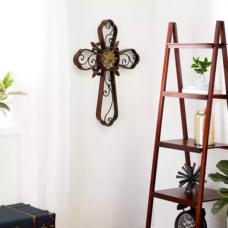 Wall Plaques-Kirklands Home Fleur De Lis Traditional Metal Cross Wall Plaque Brown