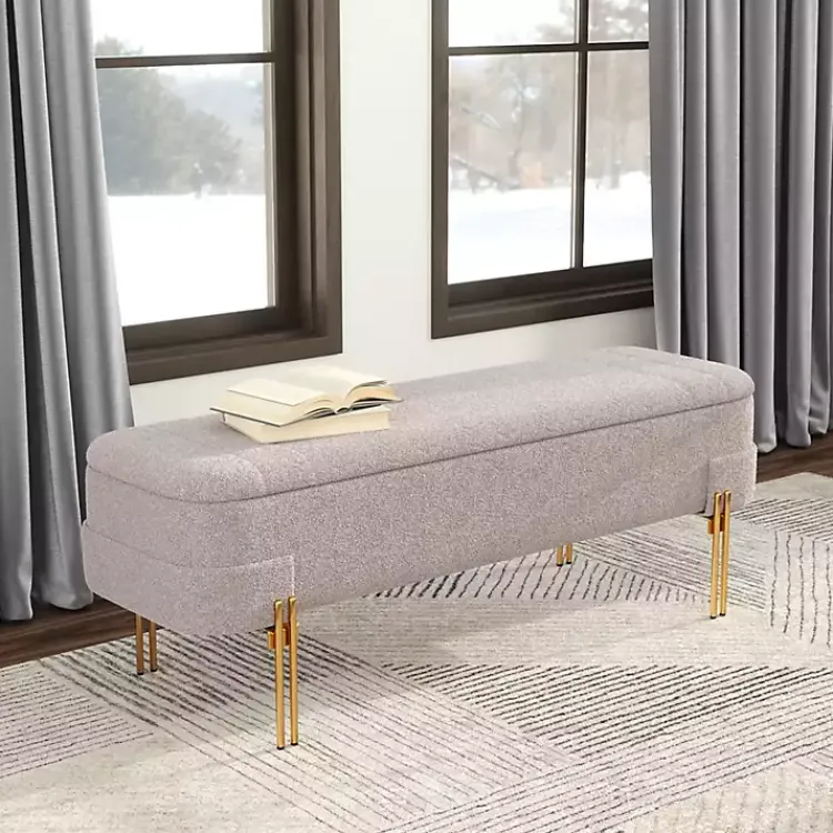 Benches & Ottomans-Kirklands Home Oatmeal Shearling Upholstered Storage Bench Tan