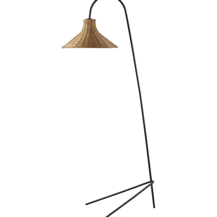 Floor Lamps-Kirklands Home Black Metal Jeri Floor Lamp with Rat Shade Tan
