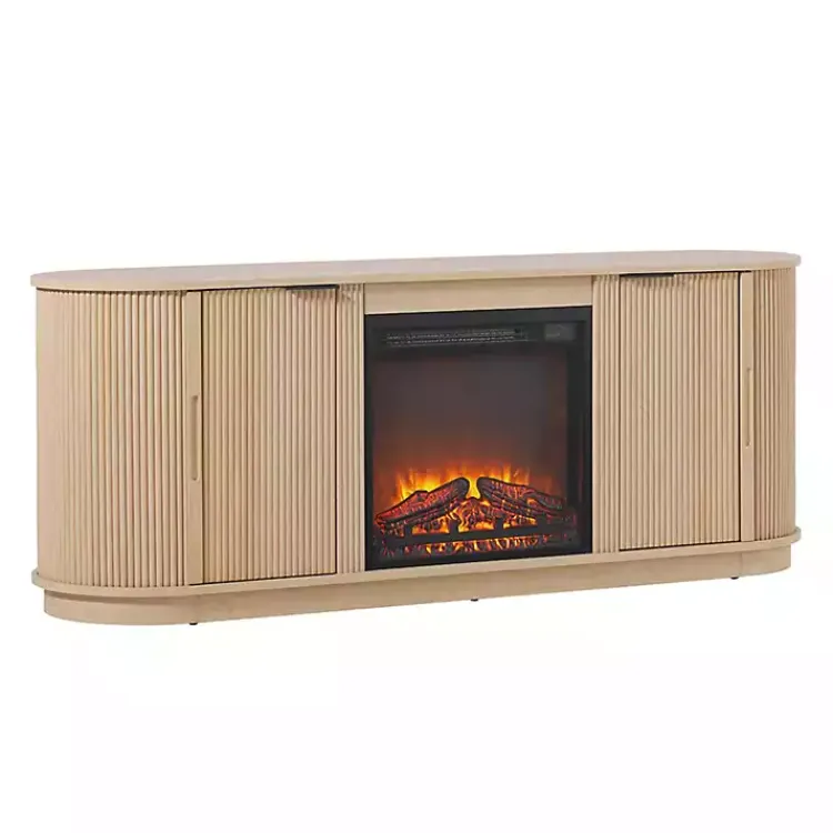 Tv Stands & Media Consoles-Kirklands Home Coastal Oak Reeded Fireplace Media Cabinet Tan