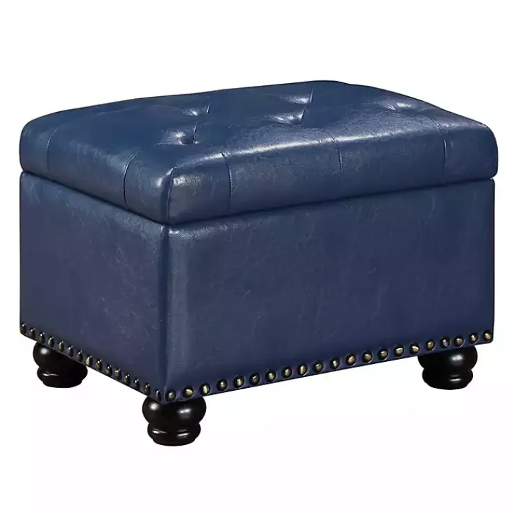 Benches & Ottomans-Kirklands Home Navy Faux Leather Jessy Storage Ottoman Blue