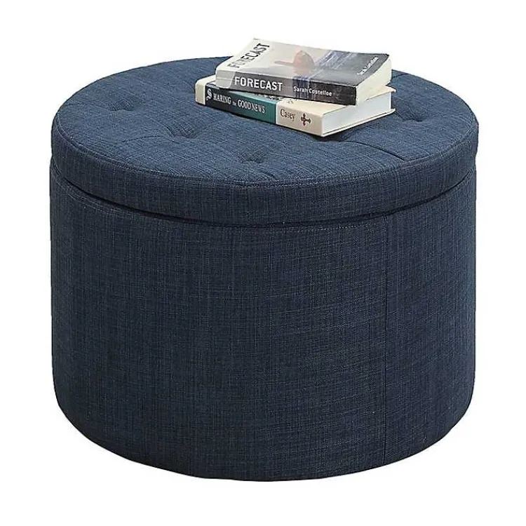 Benches & Ottomans-Kirklands Home Navy Upholstered Round Shoe Storage Ottoman Blue