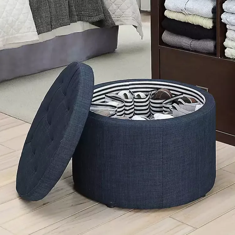 Benches & Ottomans-Kirklands Home Navy Upholstered Round Shoe Storage Ottoman Blue