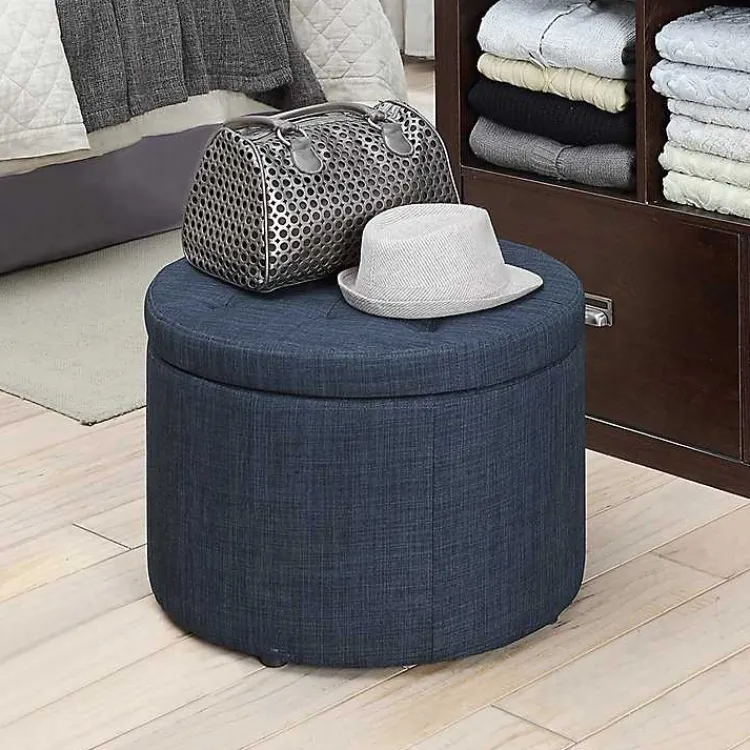 Benches & Ottomans-Kirklands Home Navy Upholstered Round Shoe Storage Ottoman Blue