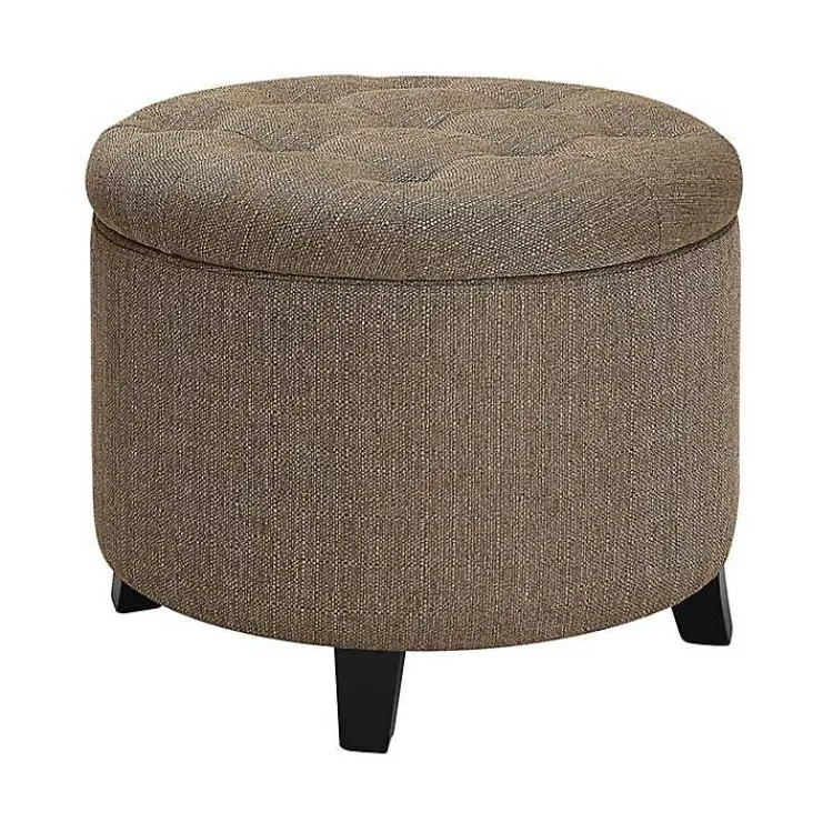 Benches & Ottomans-Kirklands Home Upholstered Eliza Round Storage Ottoman Tan