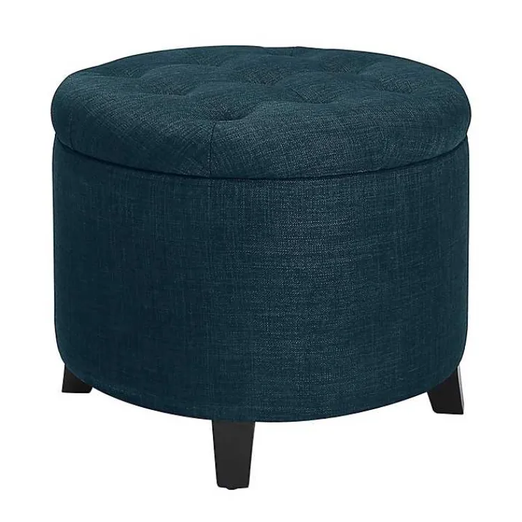 Benches & Ottomans-Kirklands Home Navy Upholstered Eliza Round Storage Ottoman Blue