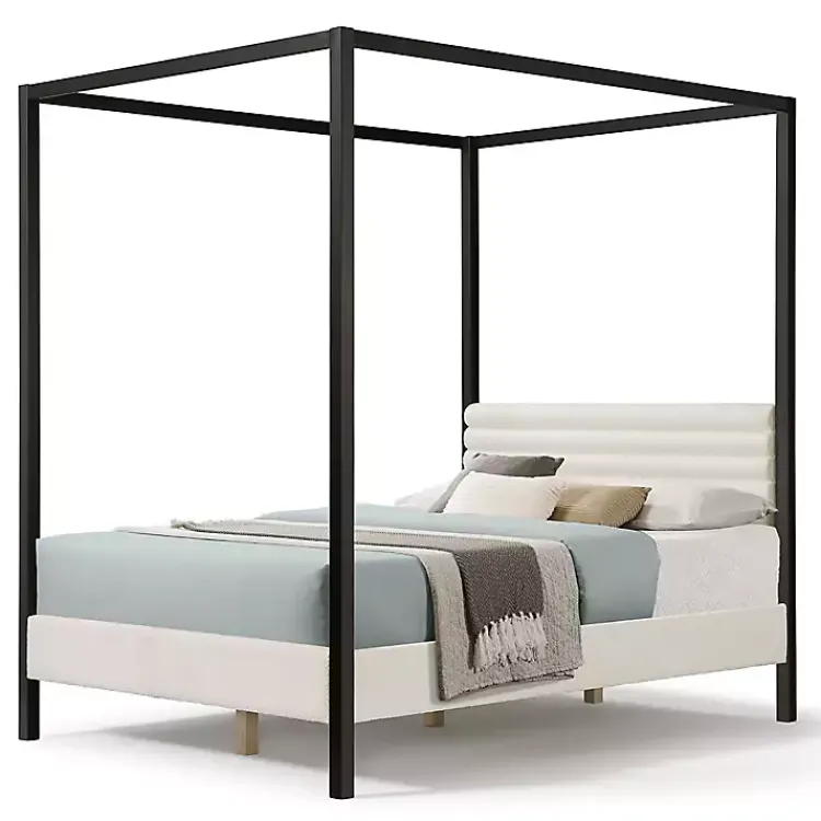 Beds & Headboards-Kirklands Home White Boucle Upholstered Black Canopy Queen Bed