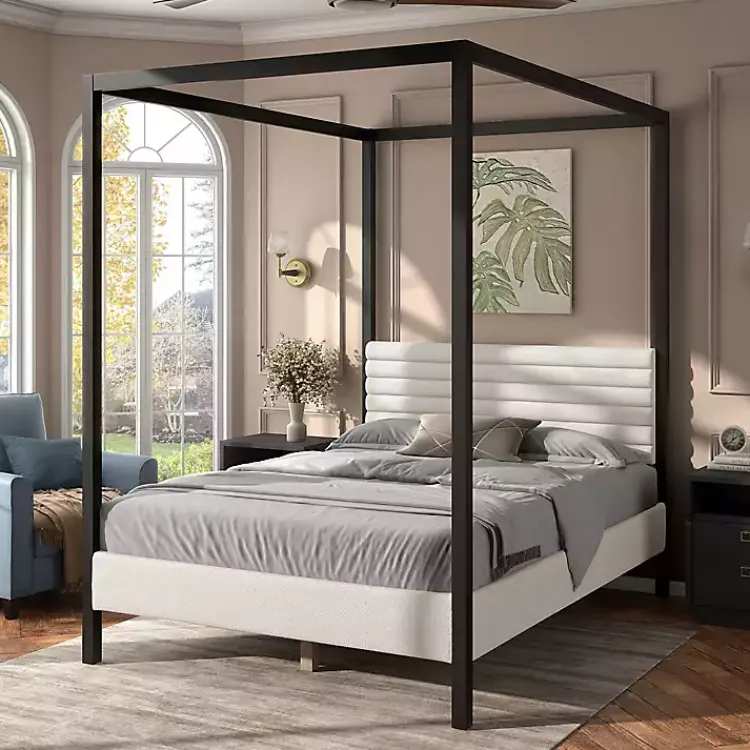 Beds & Headboards-Kirklands Home White Boucle Upholstered Black Canopy Queen Bed
