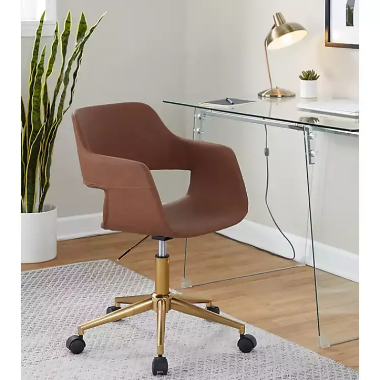 Office Furniture-Kirklands Home Faux Leather & Gold Marshall Office Chair Brown