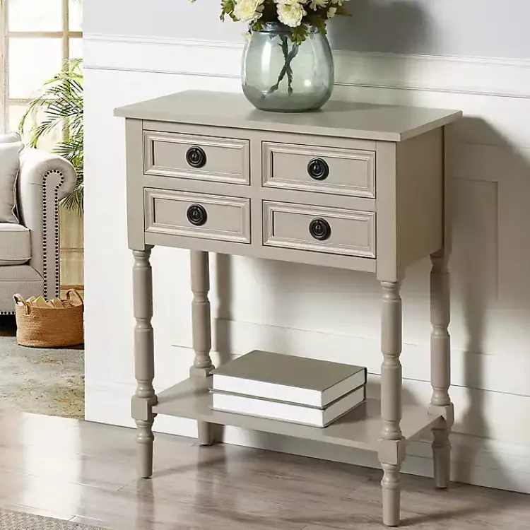 Console Tables-Kirklands Home Light Wood 4-Drawer Barrett Console Table Gray