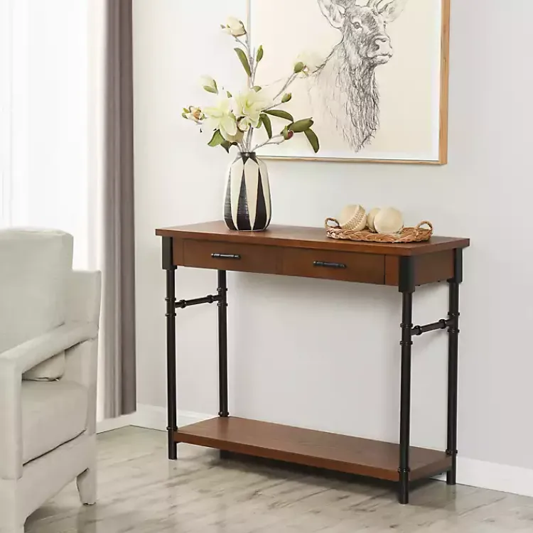 Console Tables-Kirklands Home Brown Wood and Black Metal Ruth Console Table