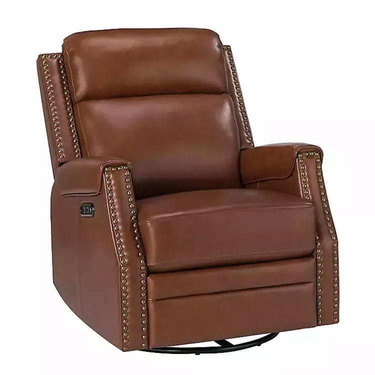 Accent Chairs-Kirklands Home Johanna Leather Swivel Power Recliner Brown