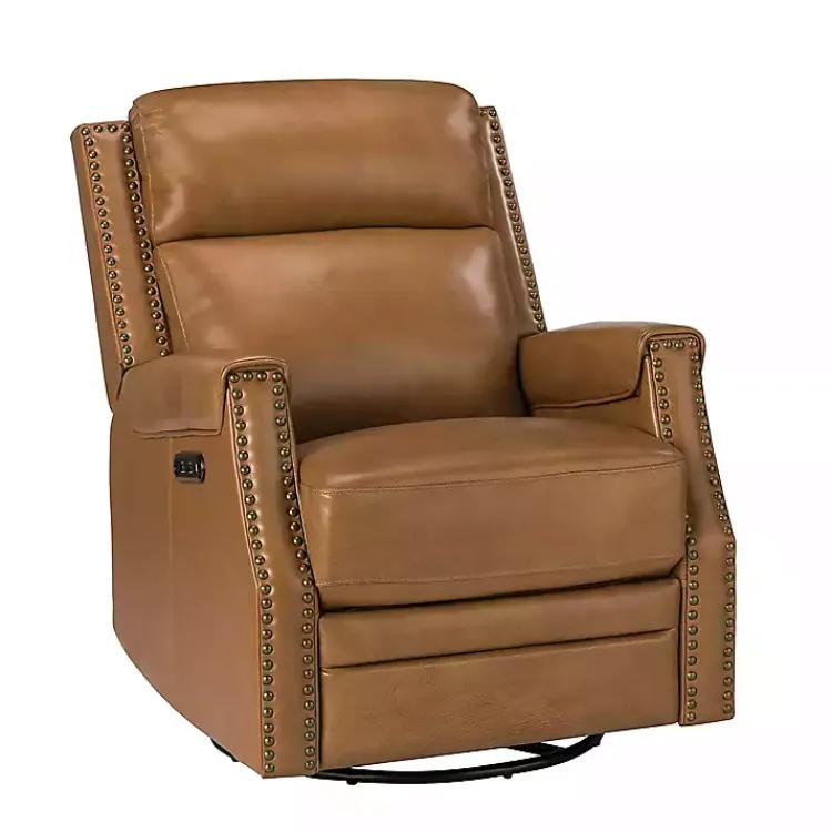 Accent Chairs-Kirklands Home Johanna Leather Swivel Power Recliner Tan