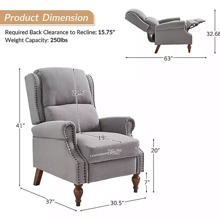 Accent Chairs-Kirklands Home Rosalie Light Upholstered Manual Recliner Gray