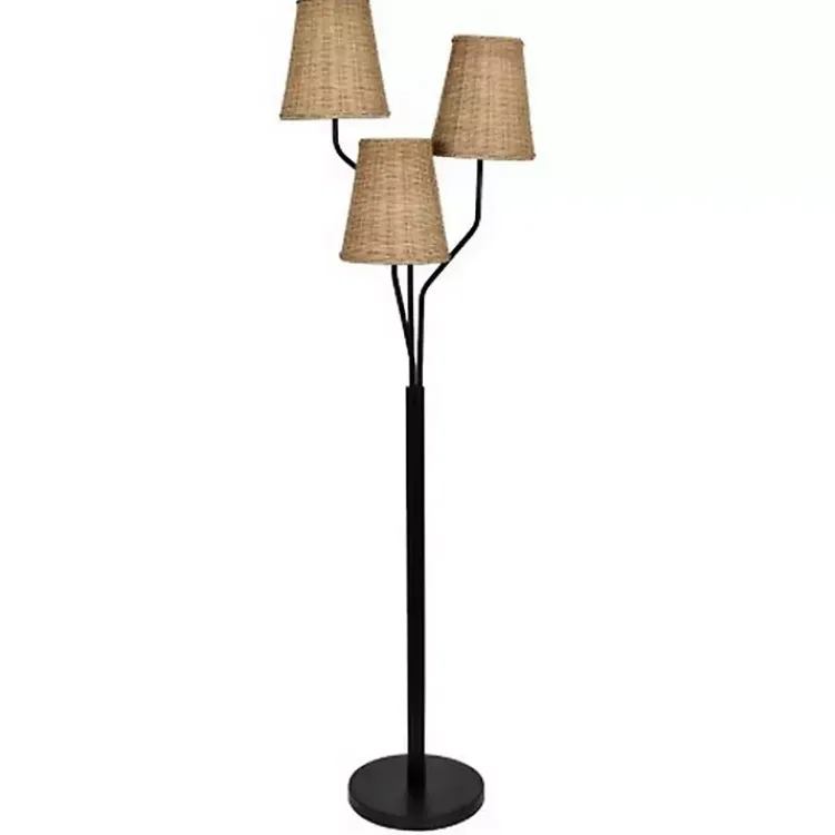 Floor Lamps-Kirklands Home Metal Floor Lamp with Rattan Shades Black